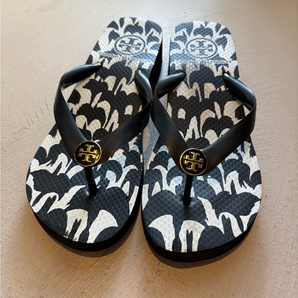 Tory Burch Black and White Platform Flip Flops